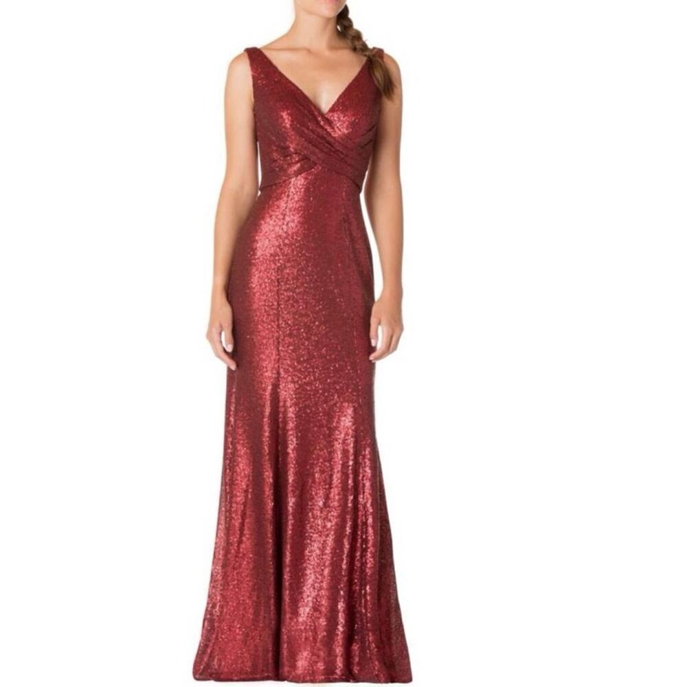 BARI JAY 1729 Full Sequin Mermaid Gown Pleated V-neck Ruby Red - Sz 14 - NWT